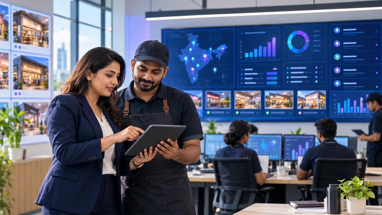 Indian franchise founder and outlet manager reviewing an AI-supported multi-location operations dashboard