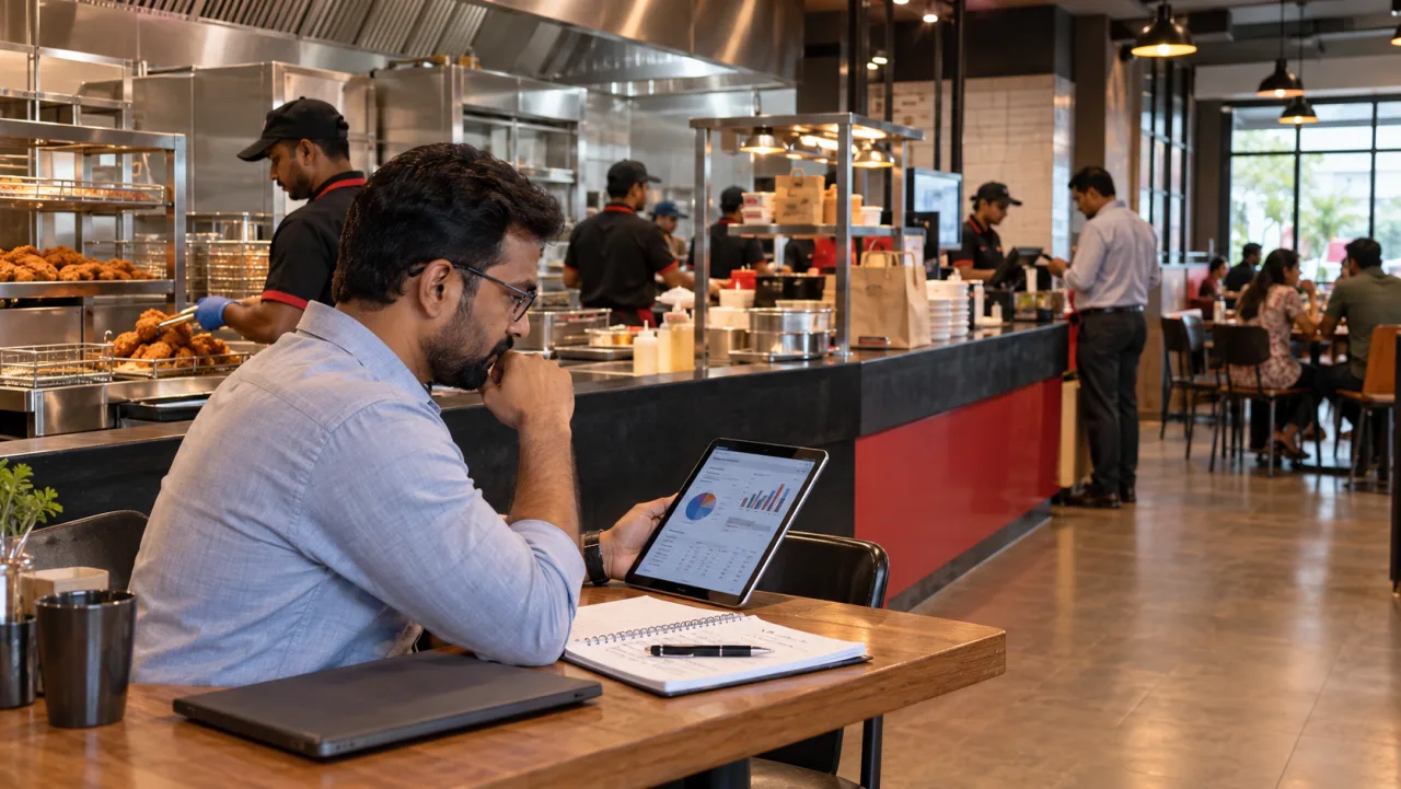 Indian prospective QSR franchisee reviewing unit economics while staff operate a modern fried chicken kitchen