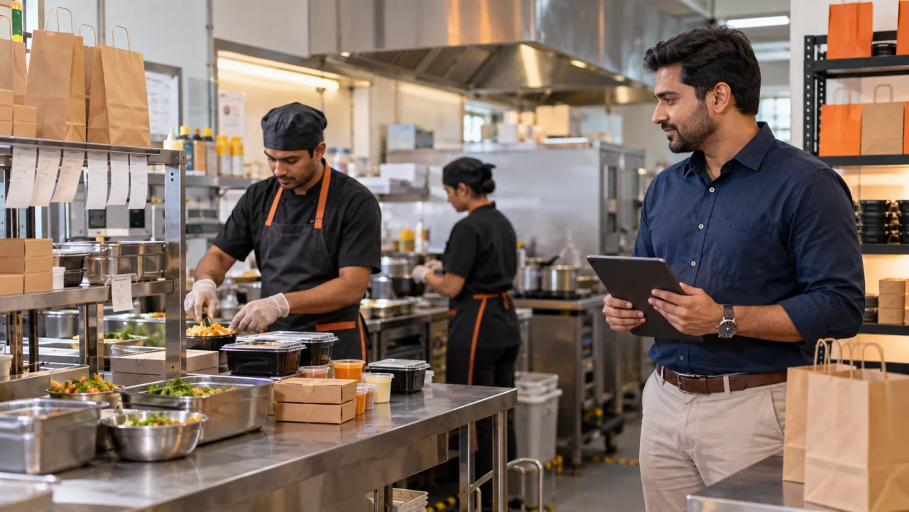 Indian entrepreneur reviewing a clean cloud kitchen and QSR franchise operation