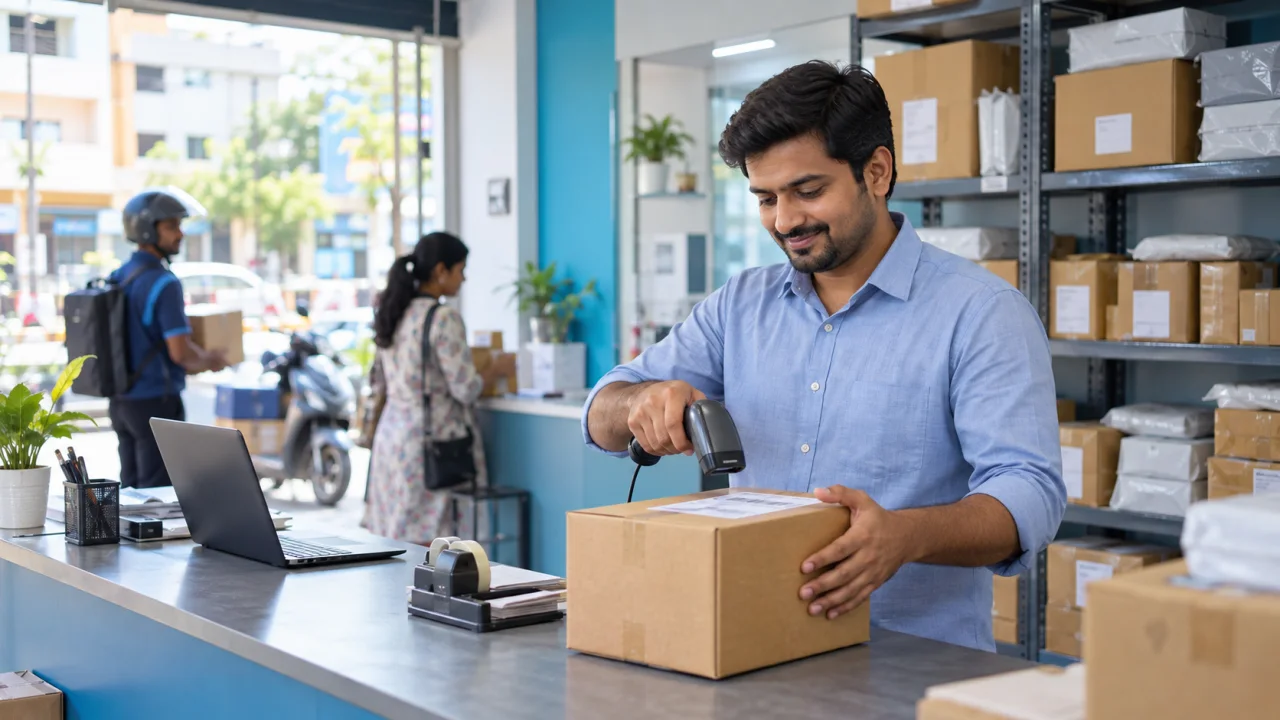 Indian courier franchise owner scanning a parcel in a neighbourhood logistics service centre