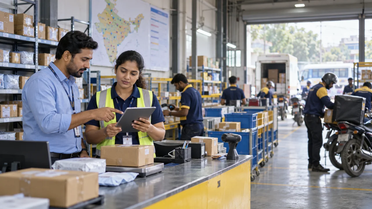 Indian courier franchise applicant and logistics manager reviewing pincode coverage, parcel volume and rider cost at a delivery centre
