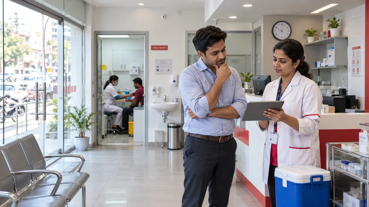 Indian diagnostic franchise applicant and laboratory centre manager reviewing patient volume and sample pickup plans at a collection centre