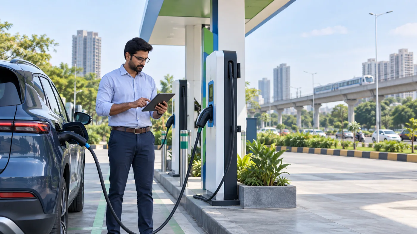 Indian entrepreneur evaluating an electric vehicle charging station business location