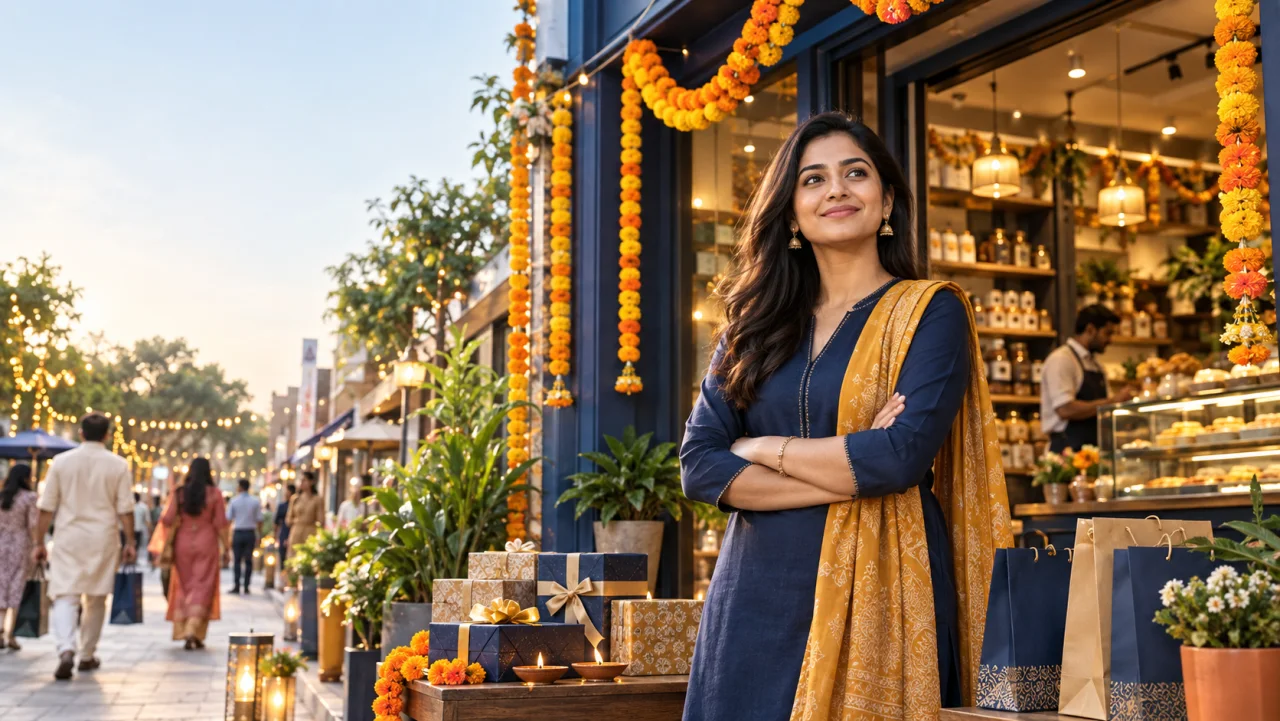 Indian franchise owner outside a decorated retail and food storefront during the festive season