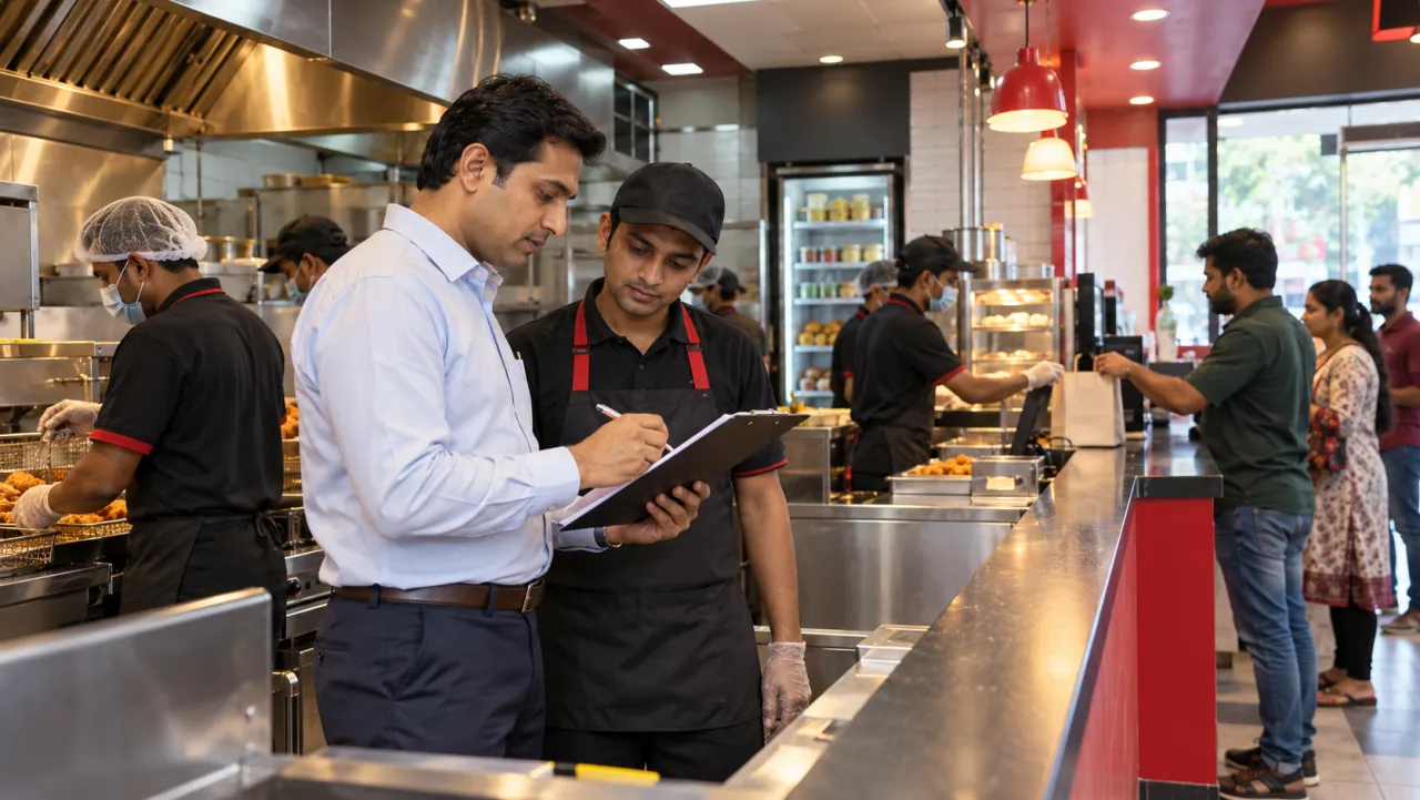 Indian fried-chicken franchise applicant and operations trainer reviewing a site and equipment checklist inside a QSR