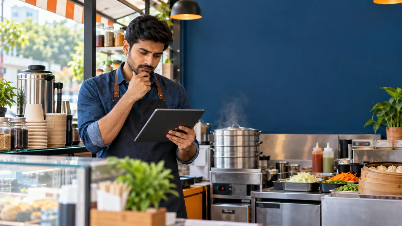 Indian entrepreneur calculating the setup cost of a compact food franchise kiosk