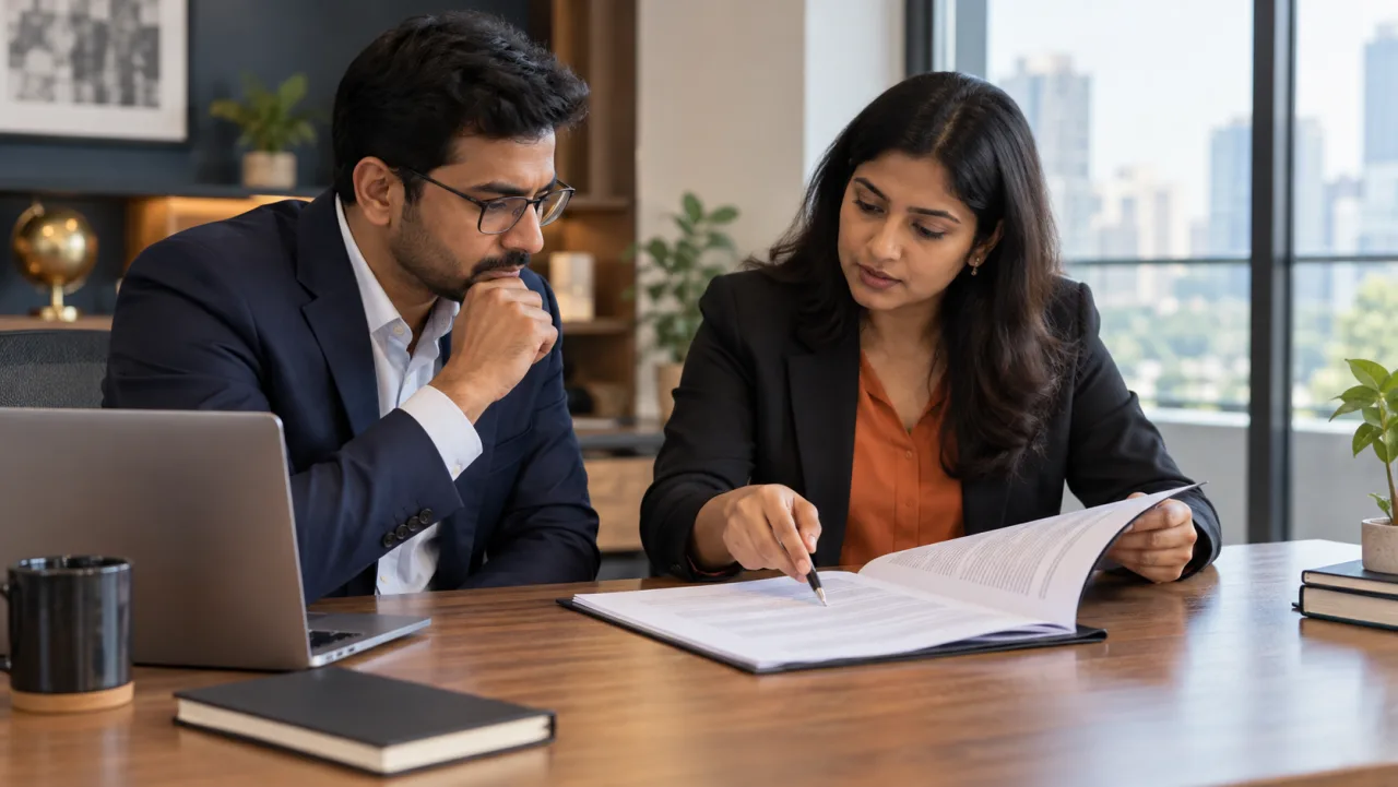 Indian entrepreneur reviewing a franchise agreement with an independent professional