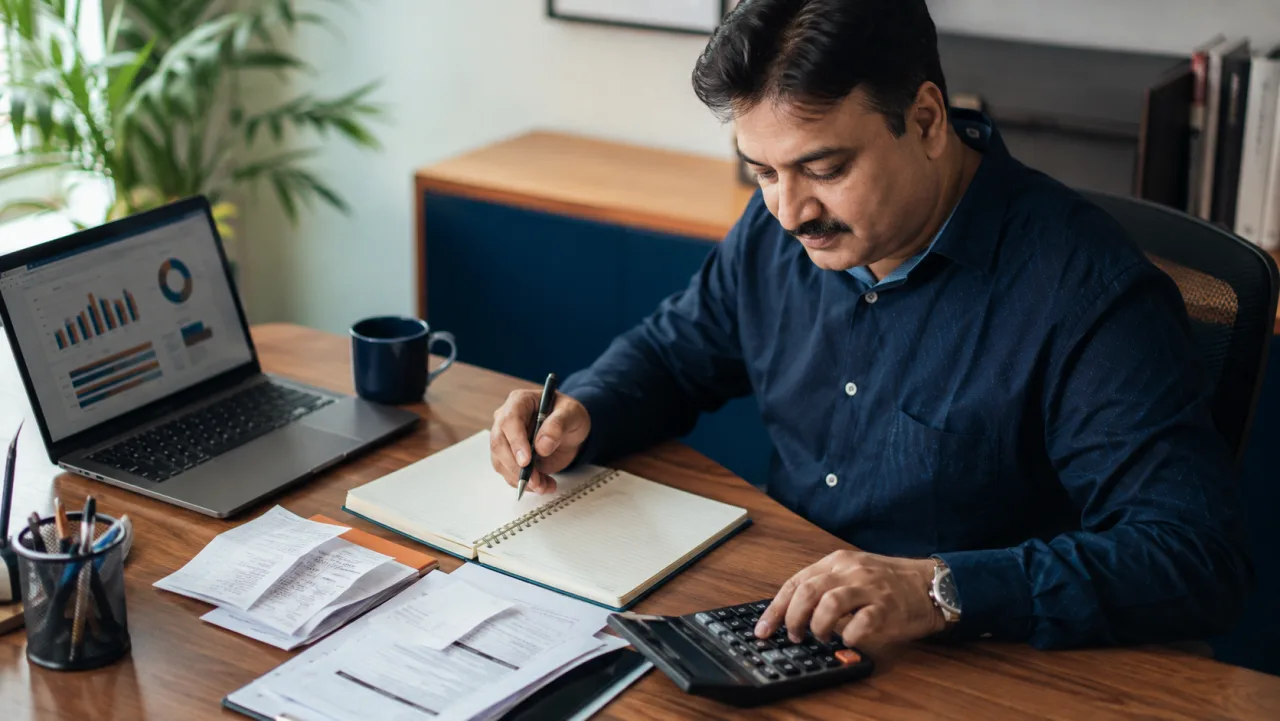 Indian business owner calculating franchise costs and working capital