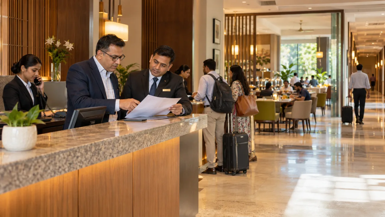 Indian hotel owner and general manager reviewing an operating report at a busy midscale hotel reception