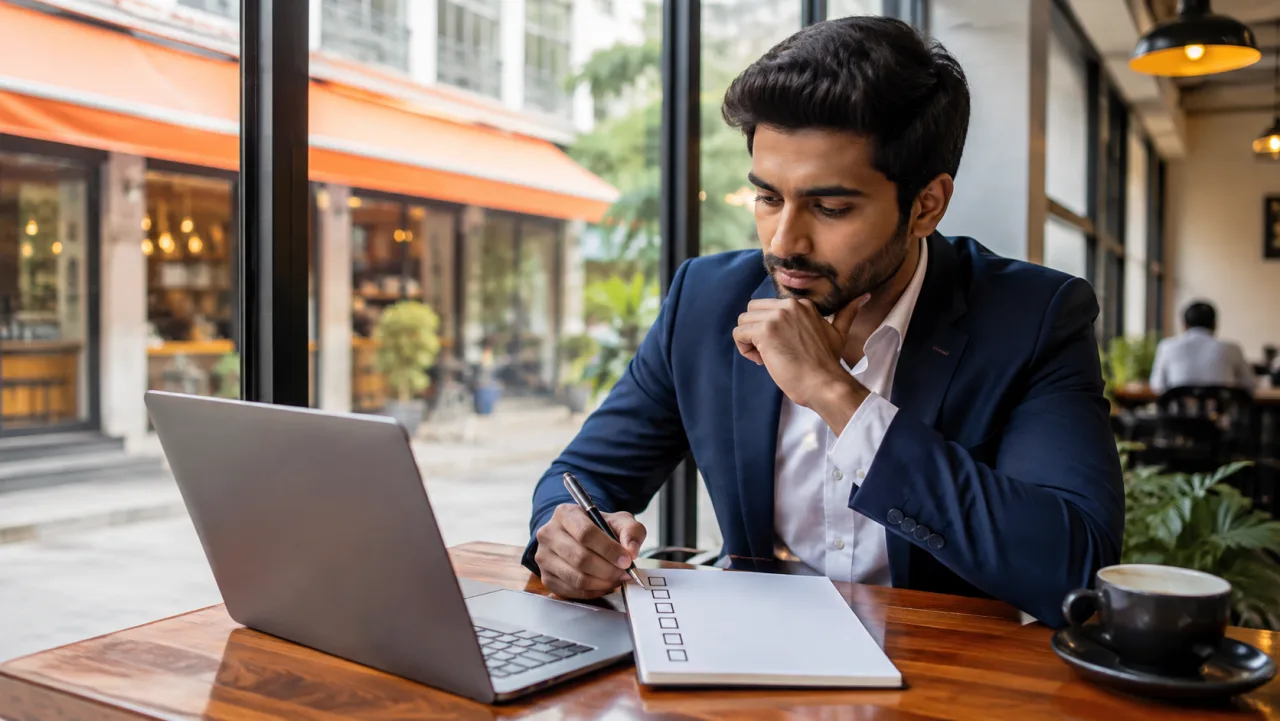Indian entrepreneur reviewing a practical franchise checklist at a cafe