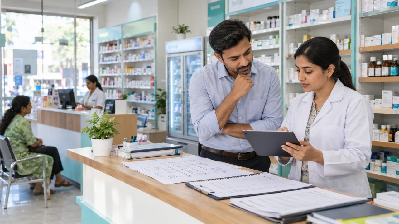 Indian Jan Aushadhi Kendra applicant and qualified pharmacist reviewing a pharmacy layout, inventory and licence checklist