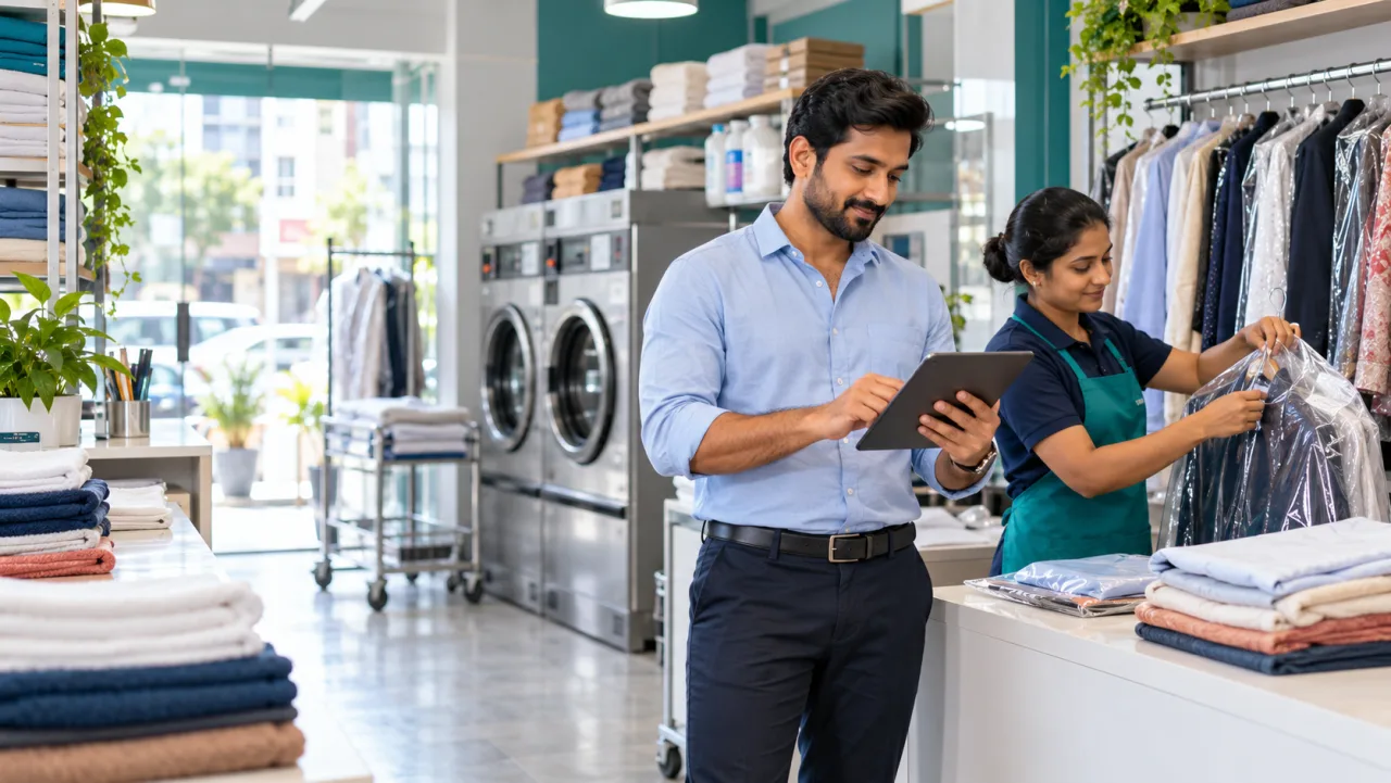 Indian laundry franchise owner checking orders on a tablet inside a modern dry-cleaning store