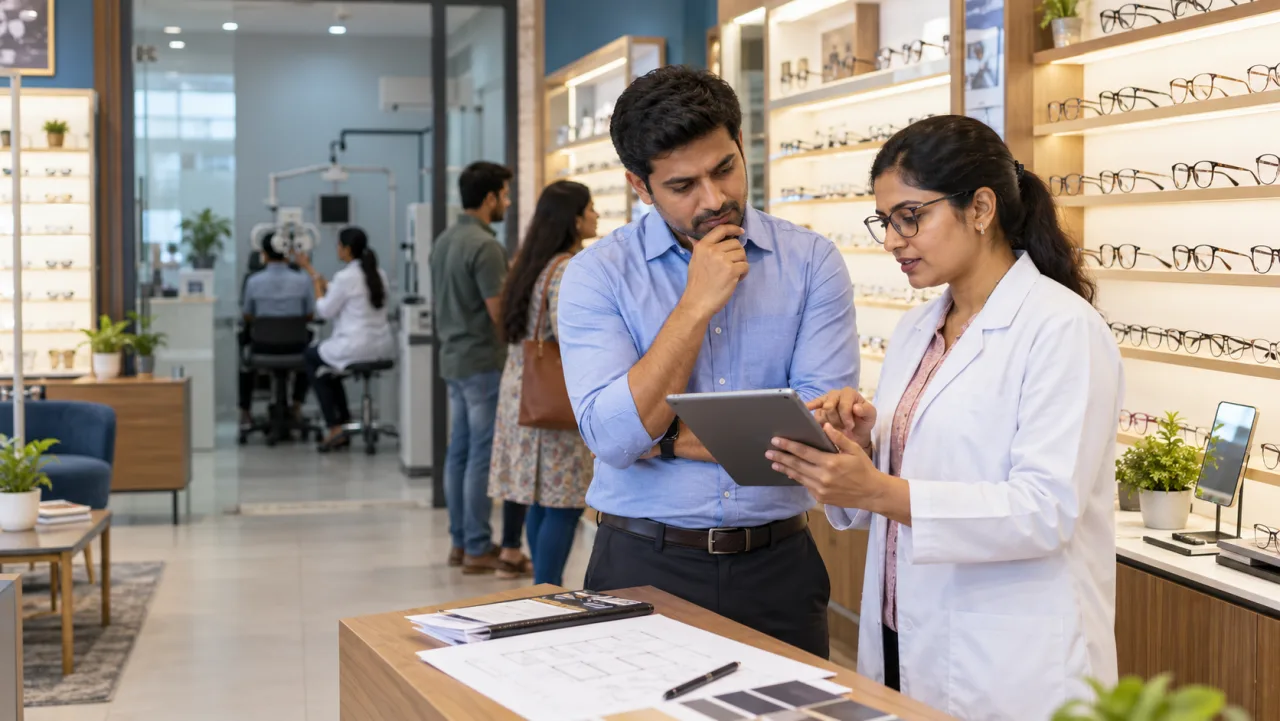 Indian eyewear franchise applicant and optometrist reviewing store investment and sales mix inside a modern optical shop