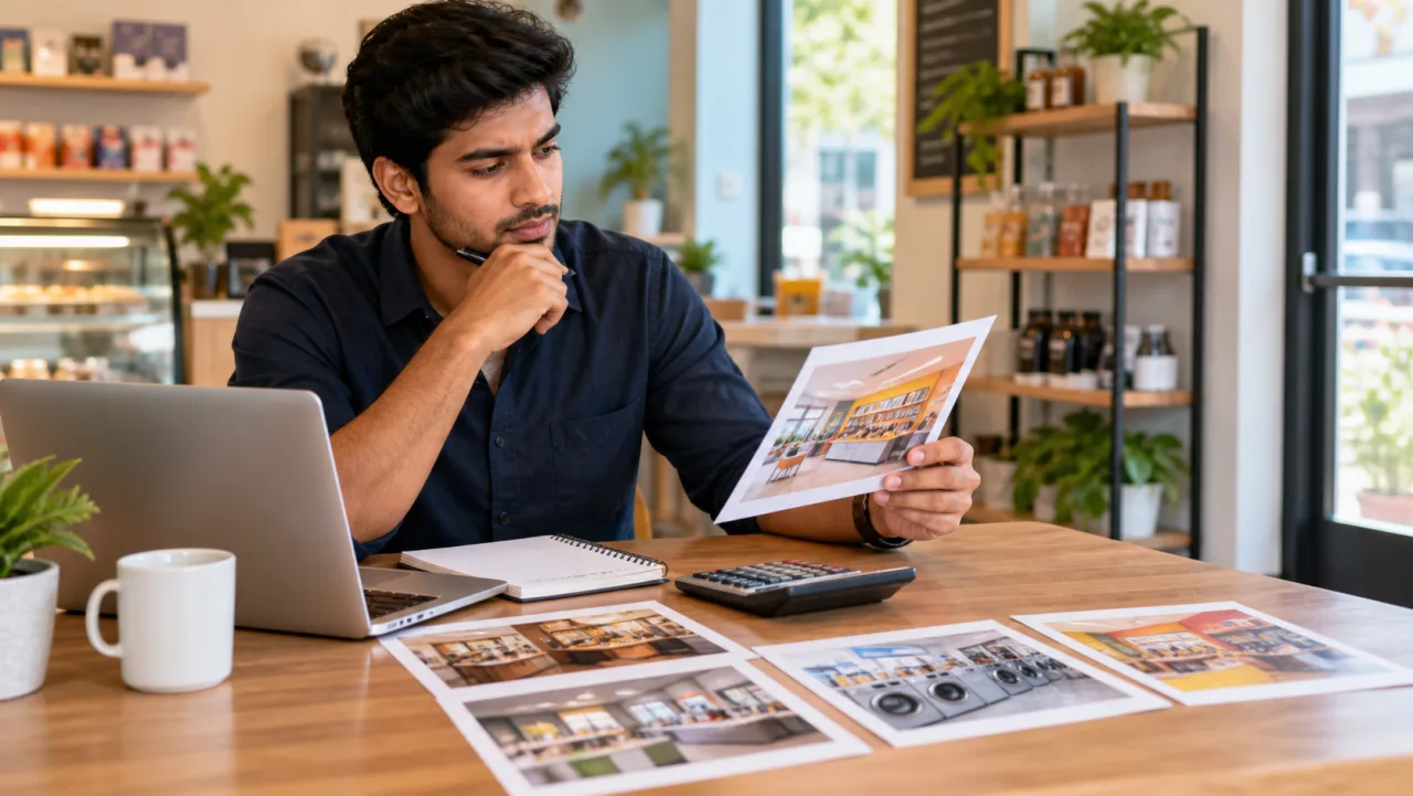 Indian entrepreneur comparing affordable small-format franchise options