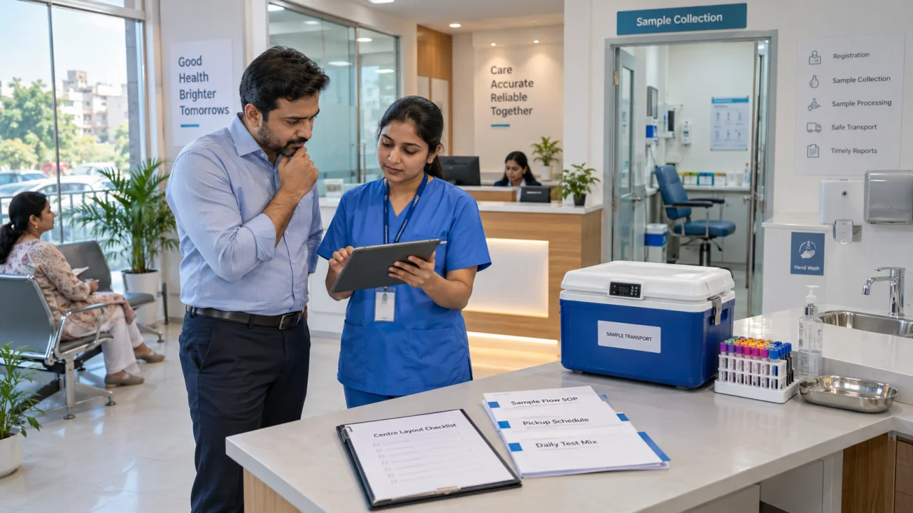 Indian diagnostic franchise applicant and trained phlebotomist reviewing sample-flow SOPs and pickup schedules at a collection centre