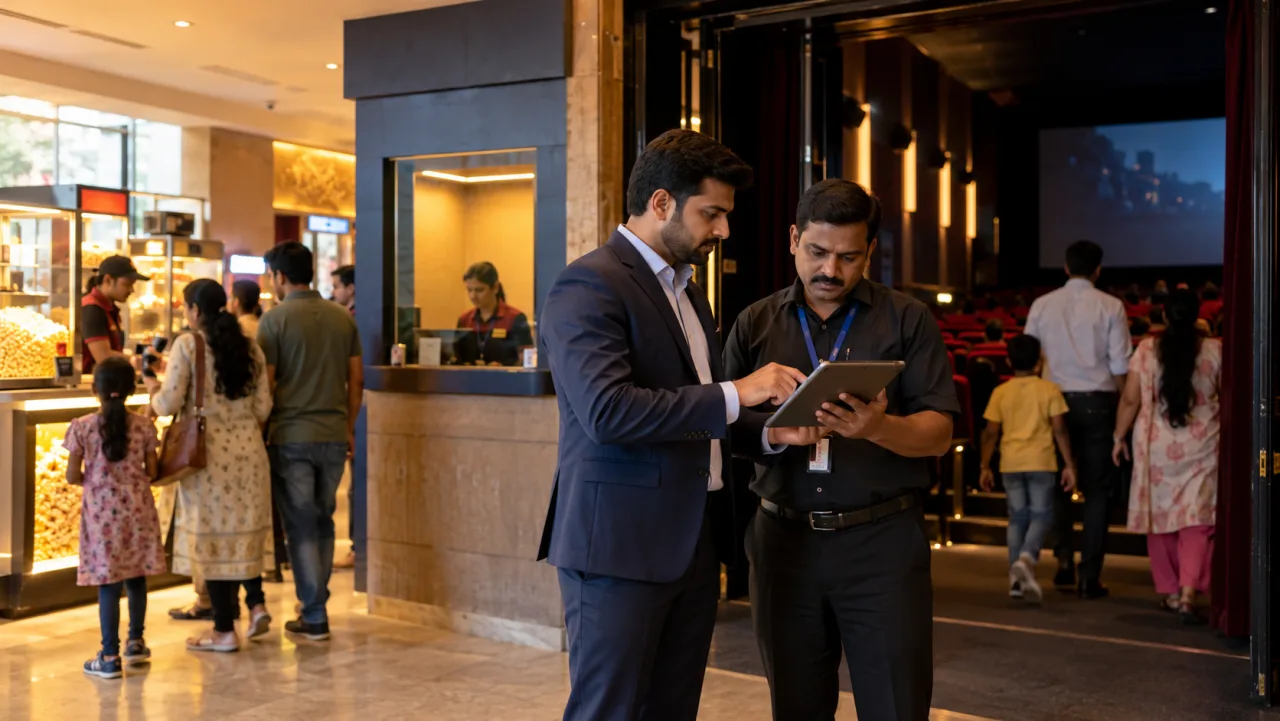 Indian mini-theatre franchise owner reviewing occupancy with a cinema manager as customers enter a compact auditorium