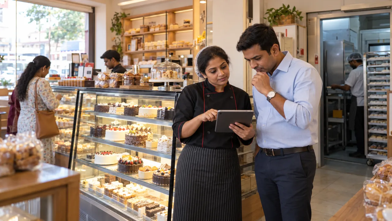 Indian bakery franchise applicant reviewing cake-shop operations and wastage with an experienced manager