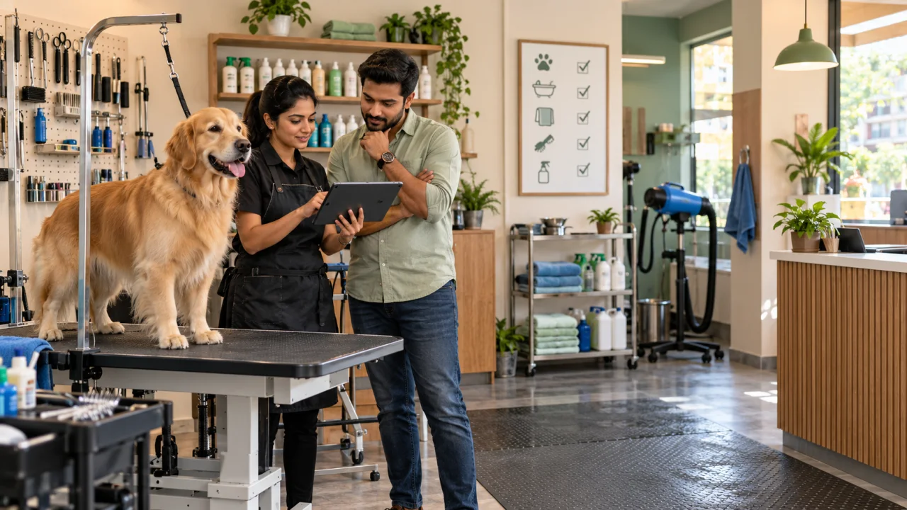 Indian pet grooming franchise applicant and trained groomer reviewing appointments and hygiene workflow beside a calm dog in a modern grooming studio