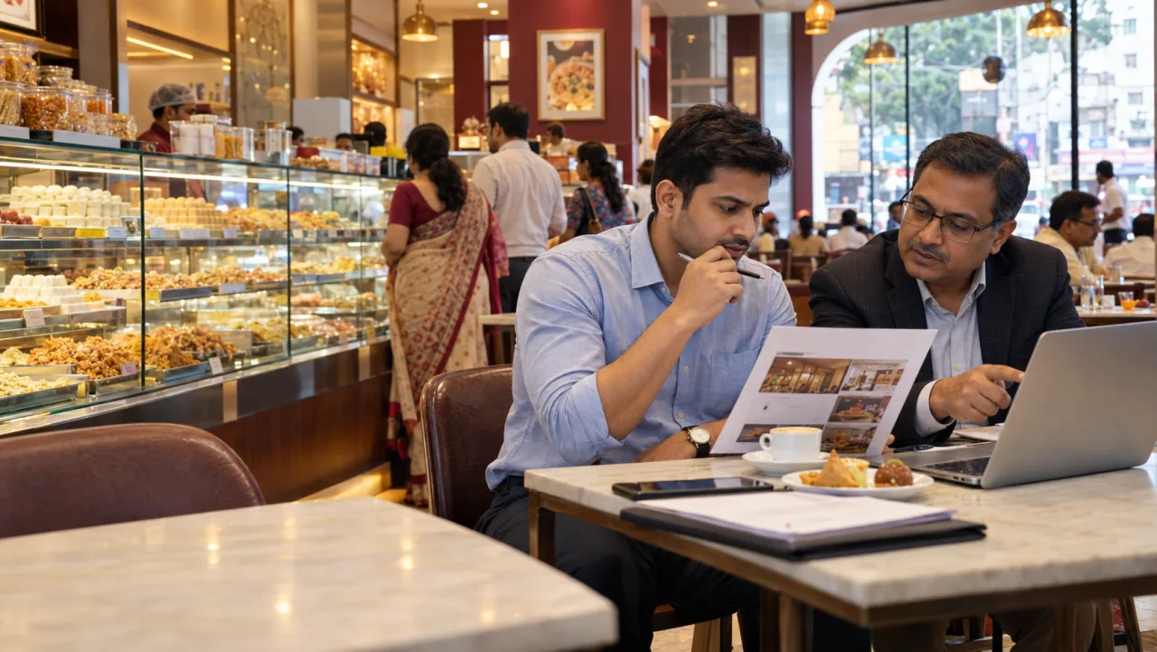 Indian entrepreneur and adviser verifying a sweets and namkeen franchise proposal inside a busy retail restaurant