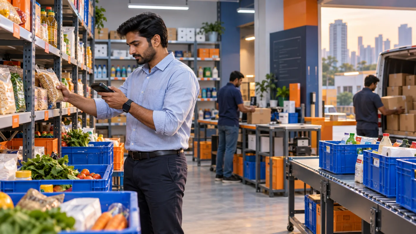 Indian quick-commerce dark store operator checking inventory in an urban fulfilment hub