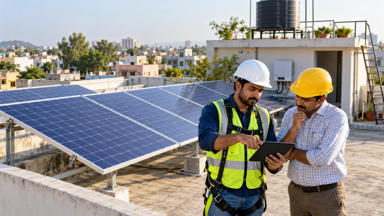 Indian rooftop solar entrepreneur and trained engineer reviewing site survey, shading and electrical-load details beside a residential solar installation