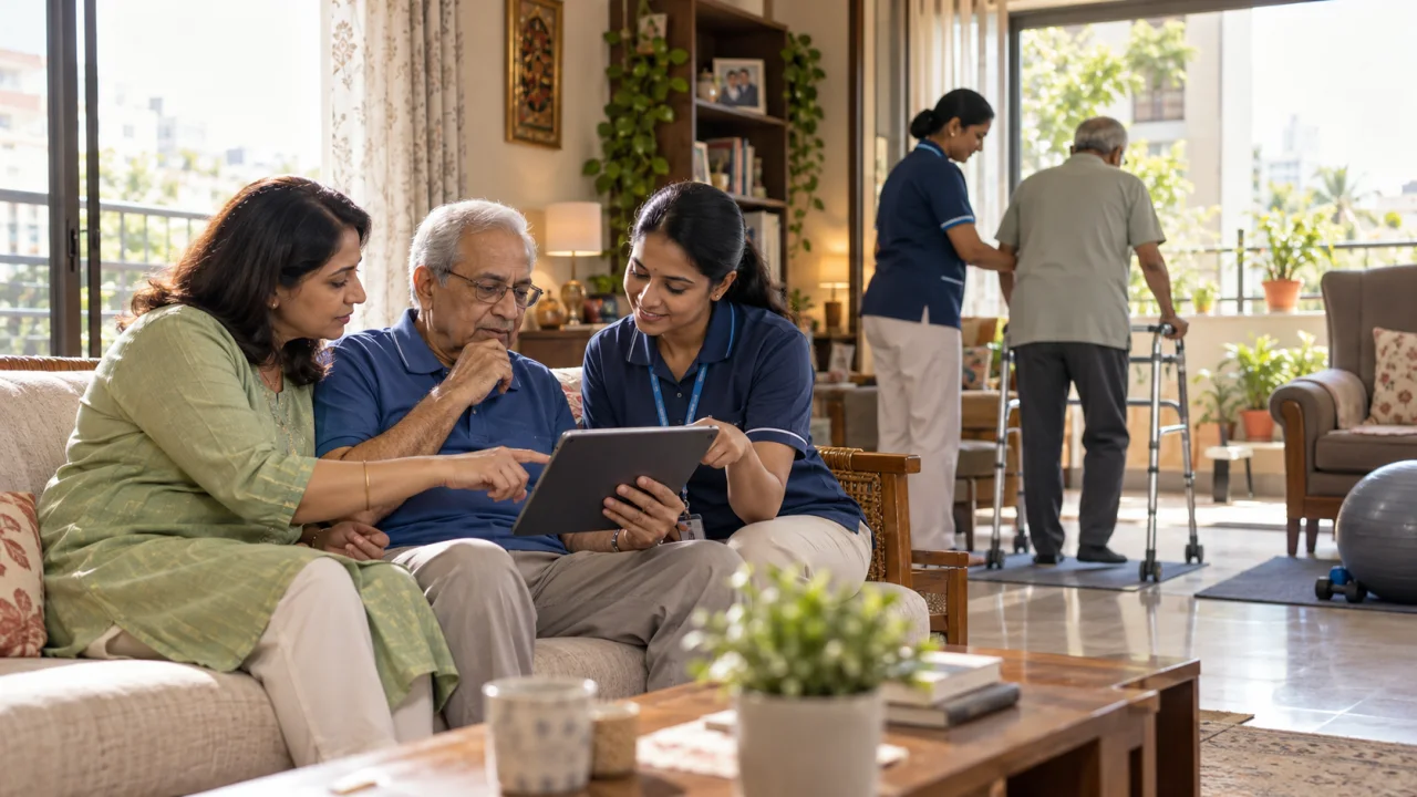 Indian senior, family member and home-care coordinator reviewing a personalised care plan in a comfortable apartment