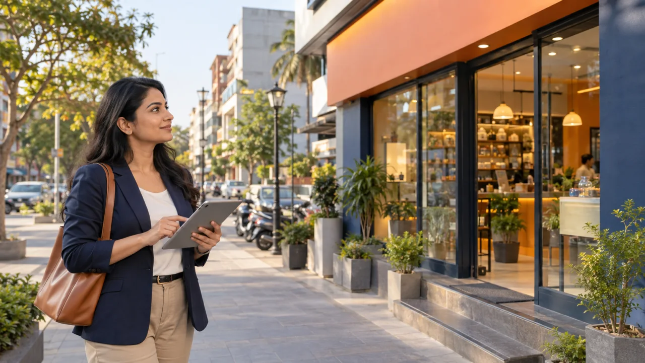 Indian entrepreneur evaluating a modern franchise storefront in a growing Tier 2 city