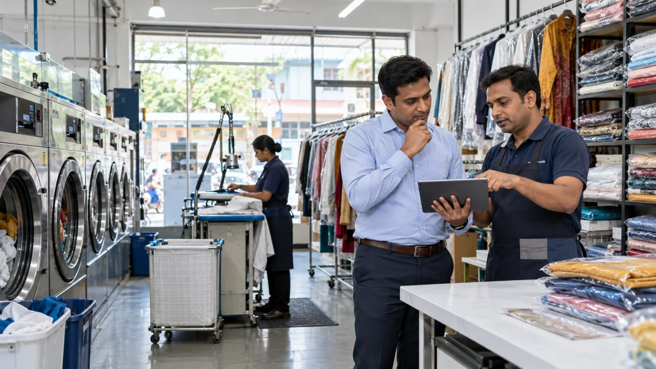 Indian laundry franchise applicant and operations manager reviewing machine capacity, utility use and daily garment volume