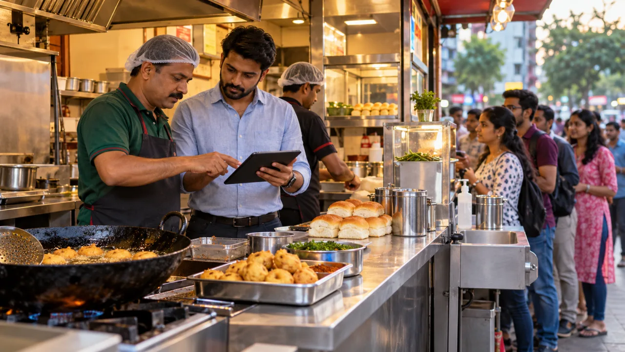 Indian vada pav business applicant reviewing order volume and ingredient yield at a hygienic busy kiosk