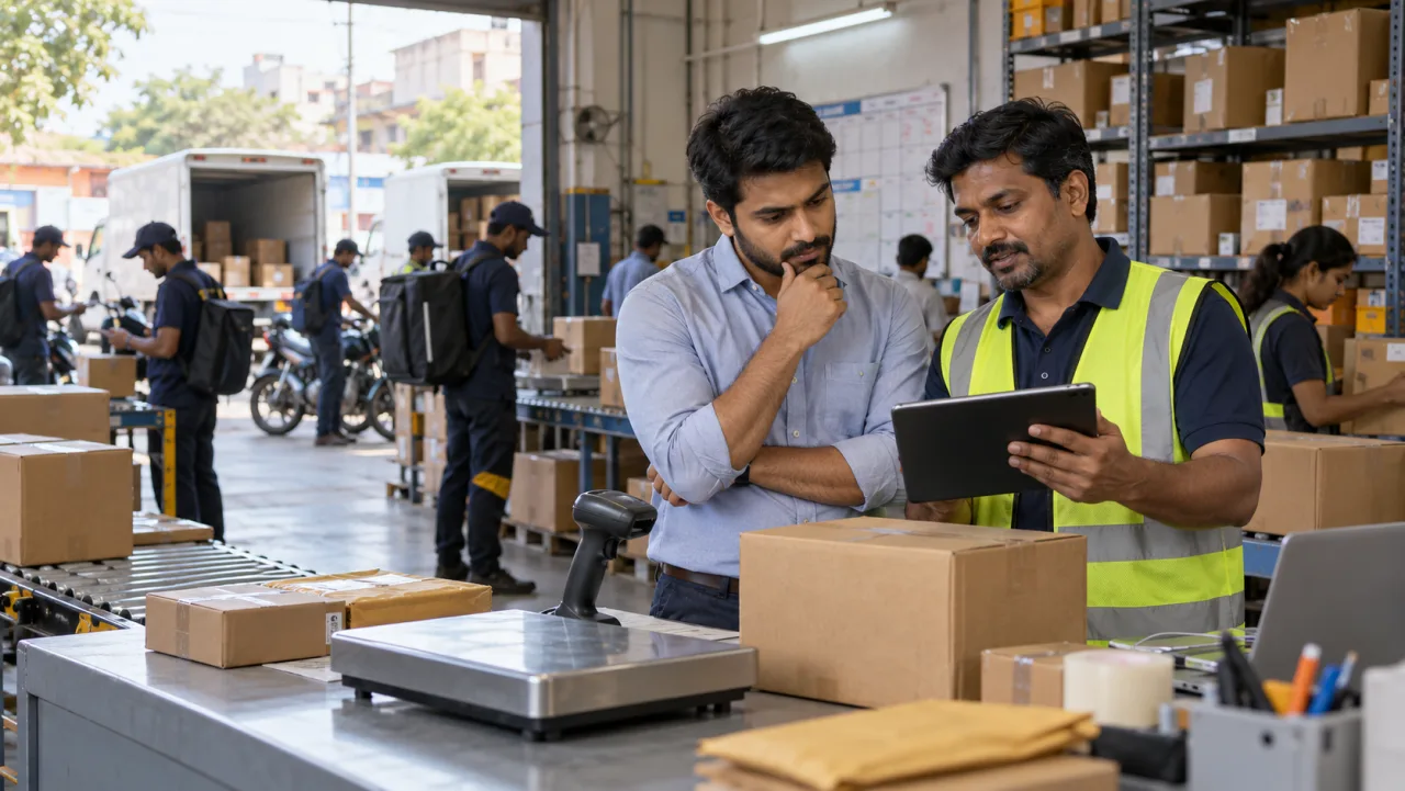 Indian logistics franchise applicant reviewing parcel volume, rider cost and pincode coverage at a busy delivery centre