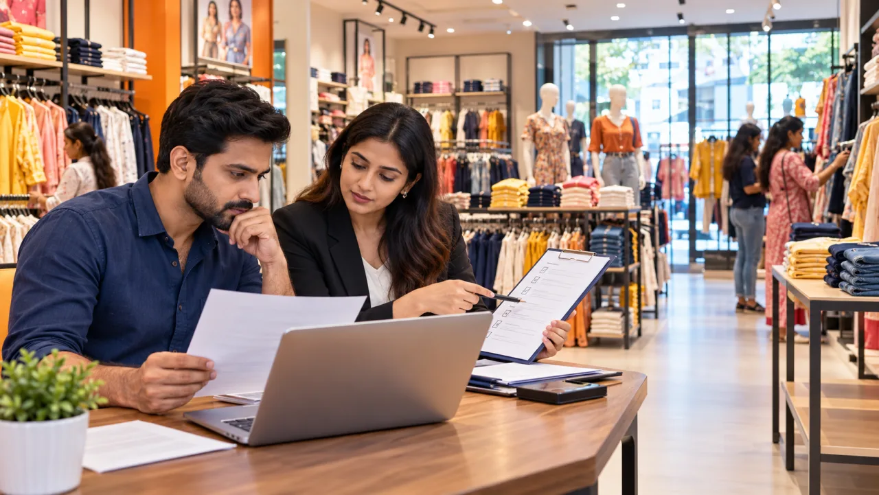 Indian entrepreneur verifying value-fashion franchise documents with an adviser inside a modern retail store