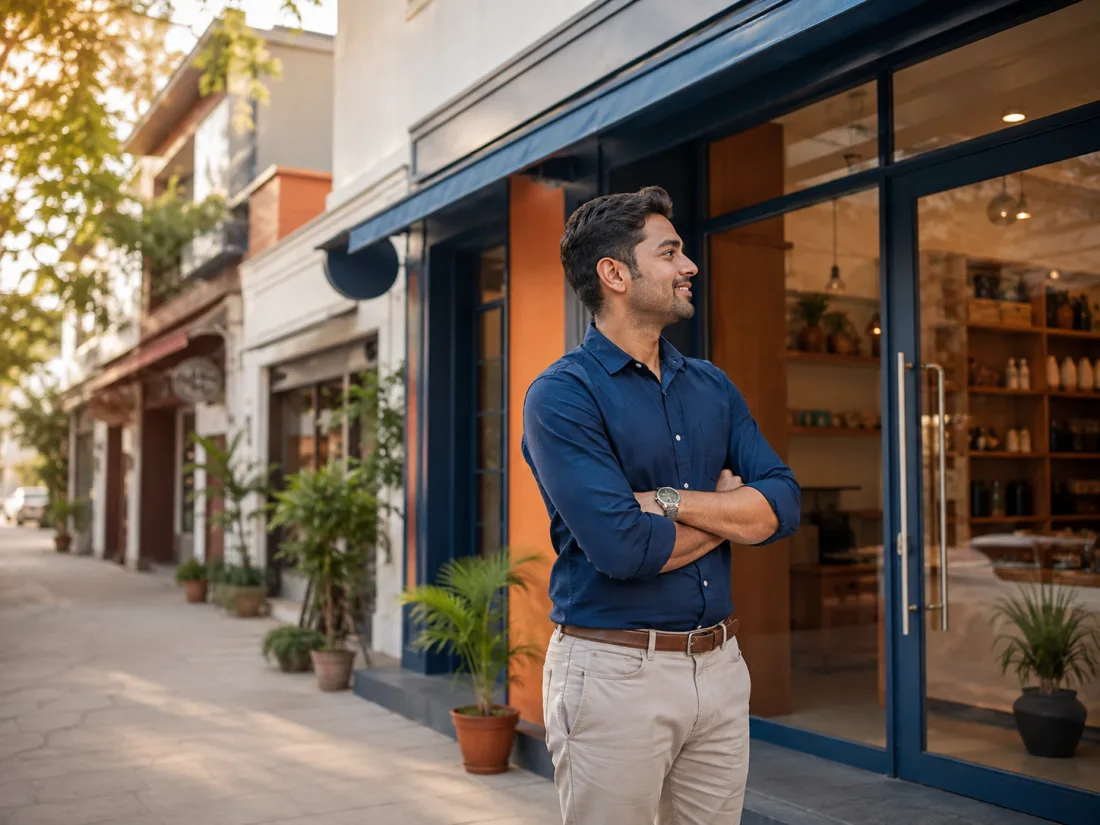 Indian entrepreneur outside a modern franchise storefront